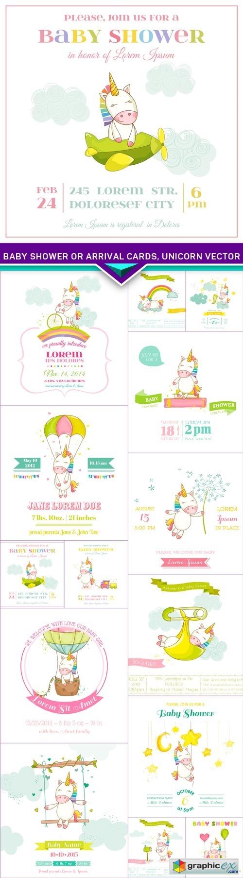 500x1807 Baby Shower Or Arrival Cards, Unicorn Vector Free