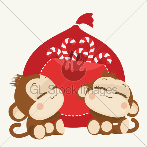 500x500 Cute Monkey Couple Happy New Year Vector Illustration Gl