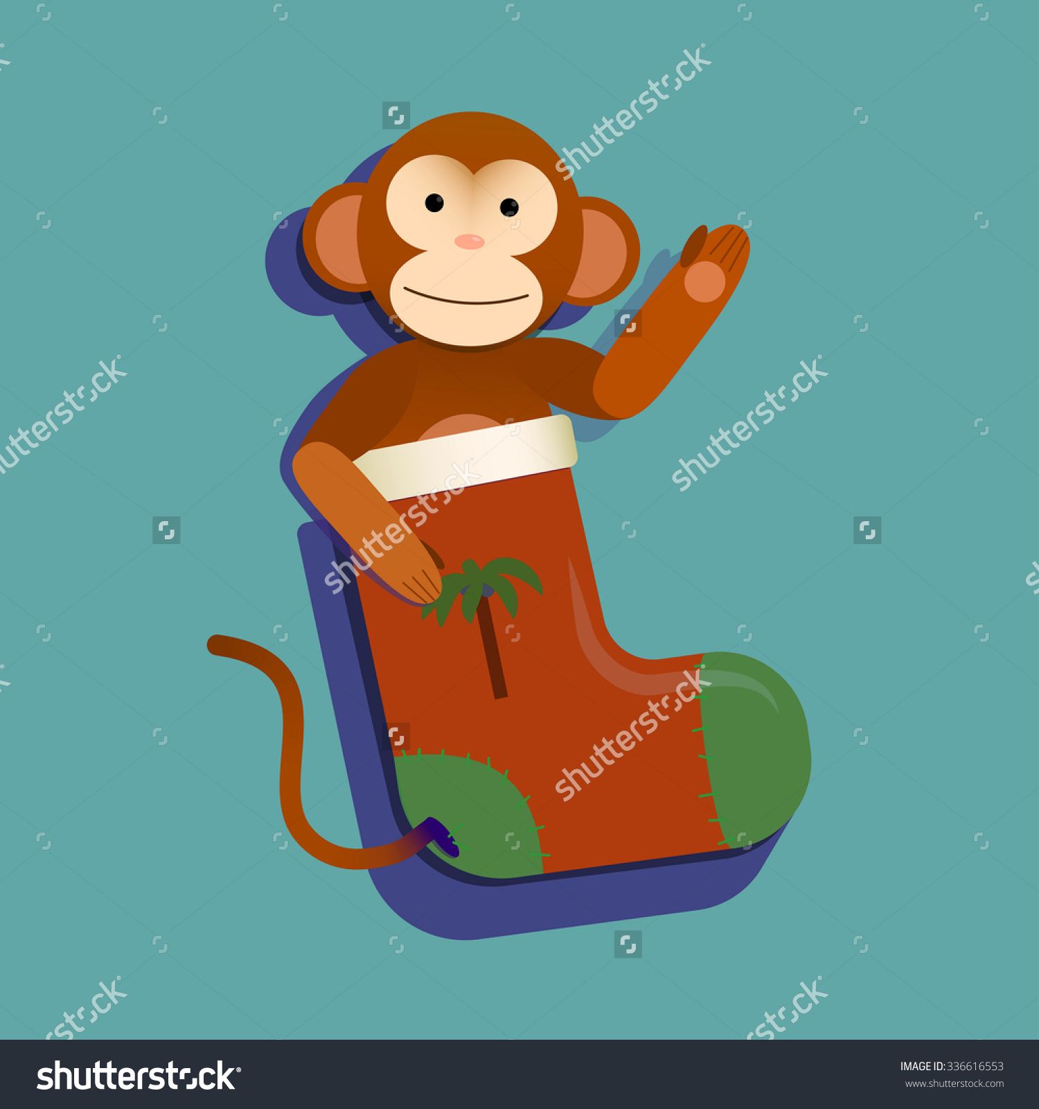 1500x1600 Vector Illustration Of Red Christmas Stocking Sock With Monkey