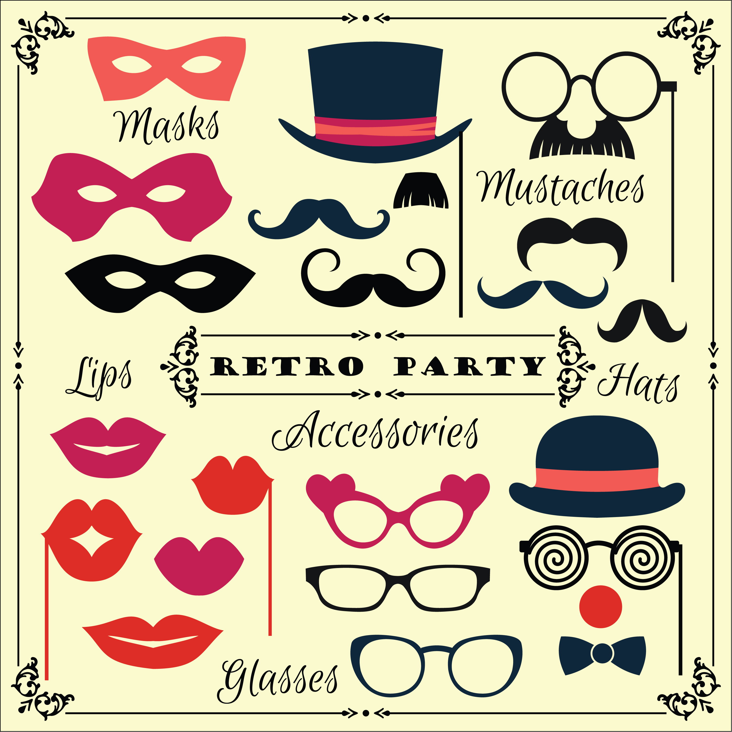 3000x3000 Accessories For Fun Retro Party Vector Illustration