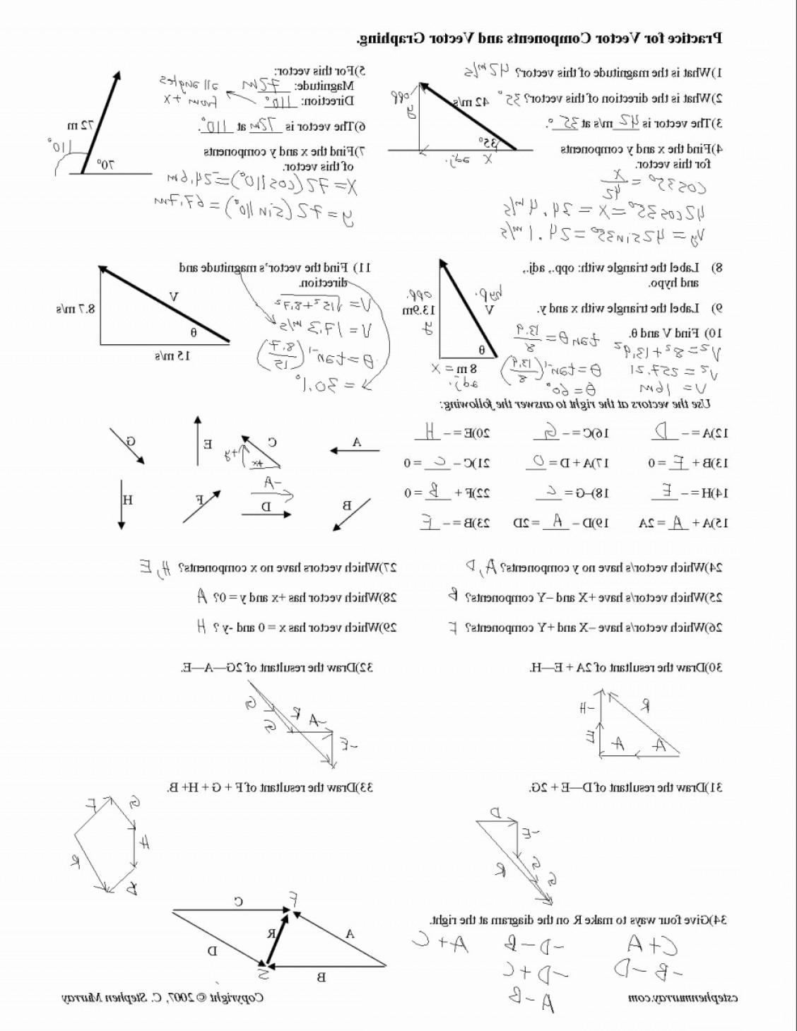 vectors homework worksheet answers