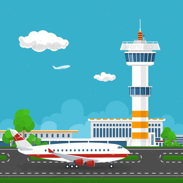 Airport With Control Tower And Airplane Travel Vectors Graphics 590x590 Airport With Control Tower And Airplane Travel Vectors Graphics
