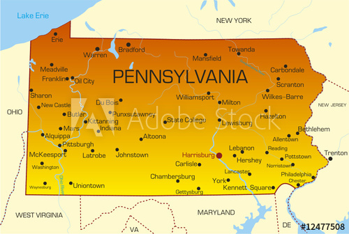 500x336 Vector Color Map Of Pennsylvania State Usa