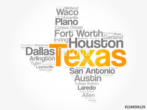 500x375 List Of Cities In Texas Usa State Word Cloud Map, Concept