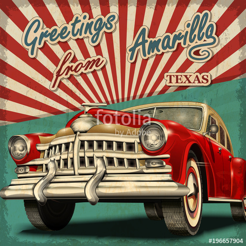 500x500 Vintage Touristic Greeting Card With Retro Car Amarillo Texas