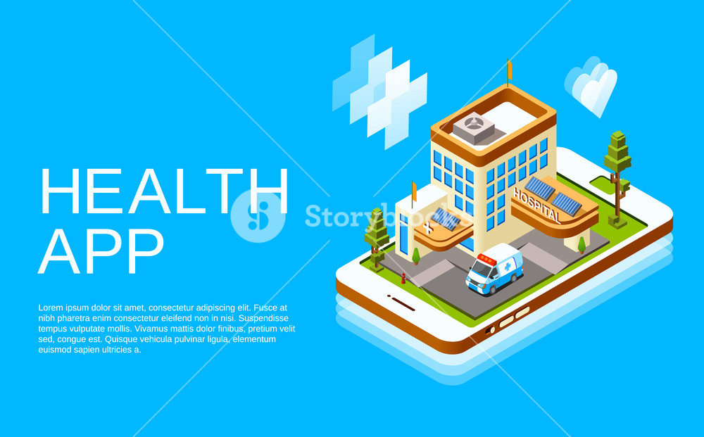 1000x621 Vector Isometric Online Medicine, Telemedicine Health App Poster