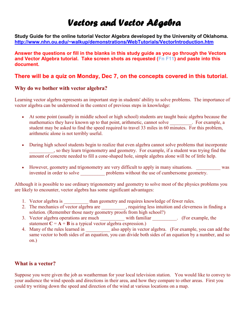 791x1024 Vectors And Vector Algebra Study Guide For The Online Tutorial Vector