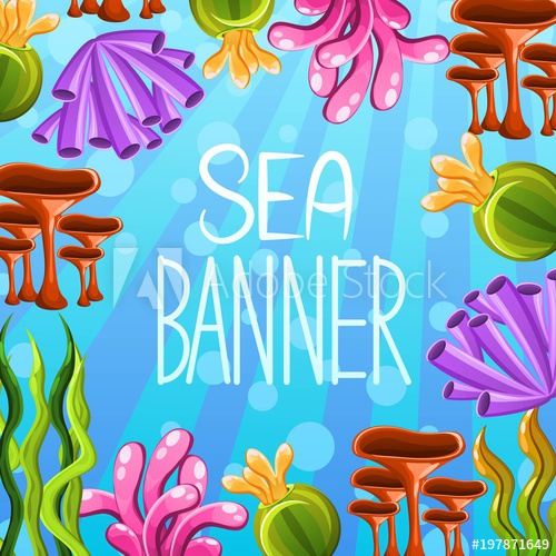 500x500 Vector Banner Design With Underwater Flora Text Isolated In Center
