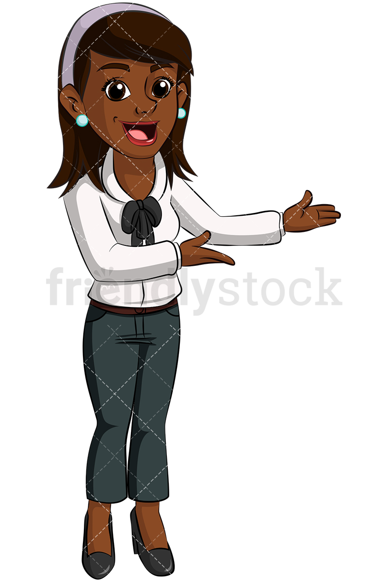 800x1200 Black Business Woman Pointing Side Vector Cartoon Clipart