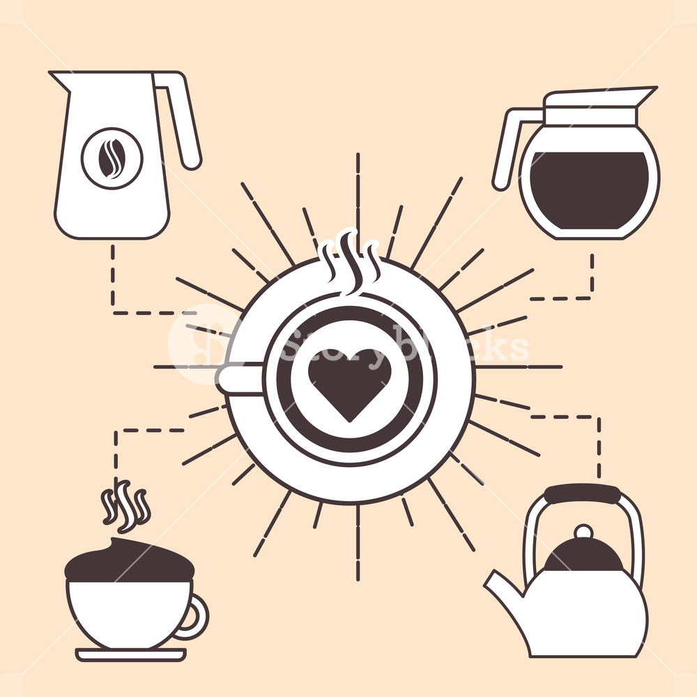 Top View Latte Art Coffee With Maker Kettle And Cup Set Vector 1000x1000 Top View Latte Art Coffee With Maker Kettle And Cup Set Vector