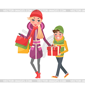 291x300 Mom And Boy, Wrapped Gift Boxes And Packages, Xmas