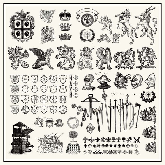 Vintage Heraldic Elements Heraldry Beast, Shields, Helmets 570x570 Vintage Heraldic Elements Heraldry Beast, Shields, Helmets