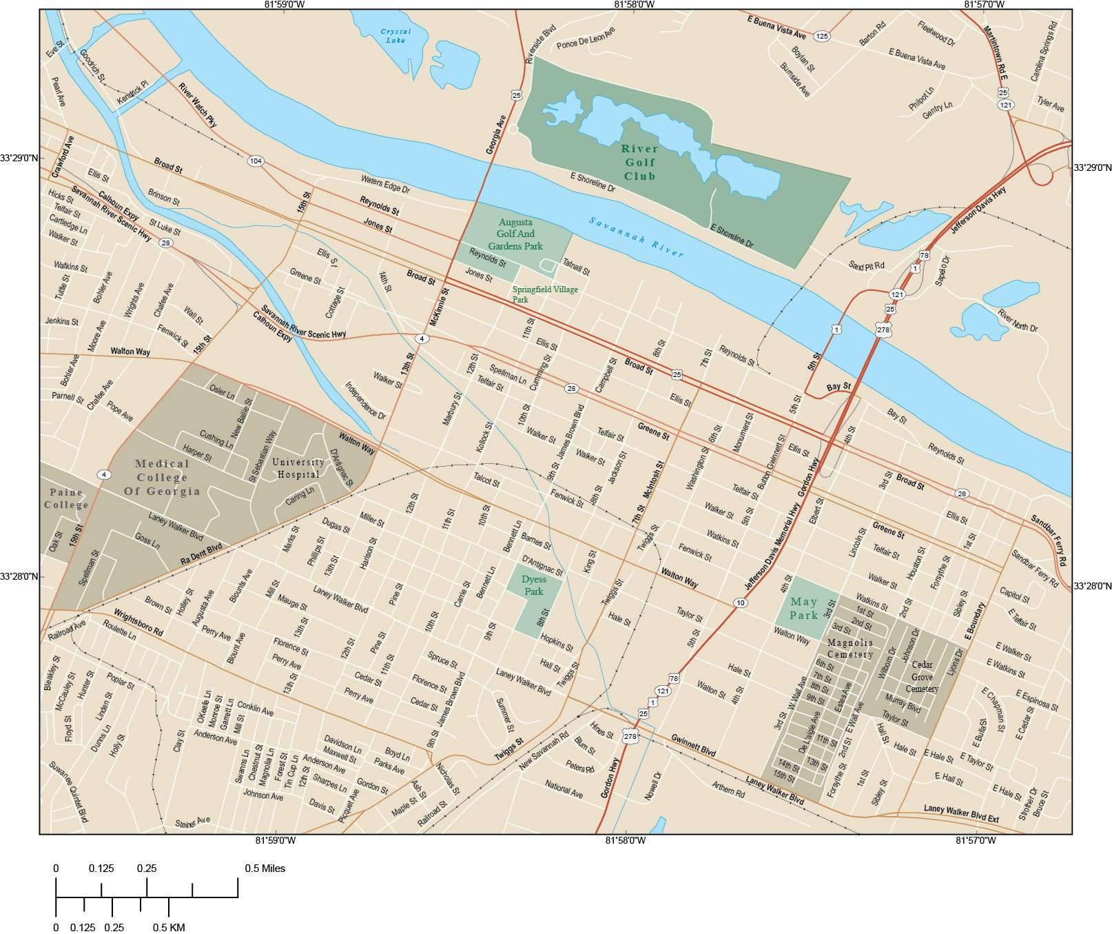 1614x1355 Augusta Map With Local Streets In Adobe Illustrator Vector Format