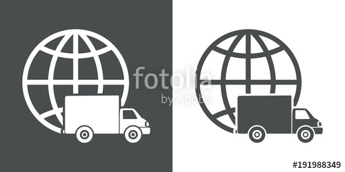 500x250 Icono Plano Esfera Mundo Con Camion En Gris Y Blanco Stock Image