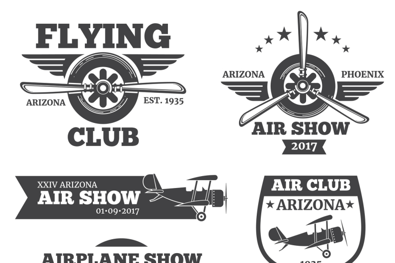 800x533 Vector Aviation Badges, Avia Club Emblems, Airplane Logos Set