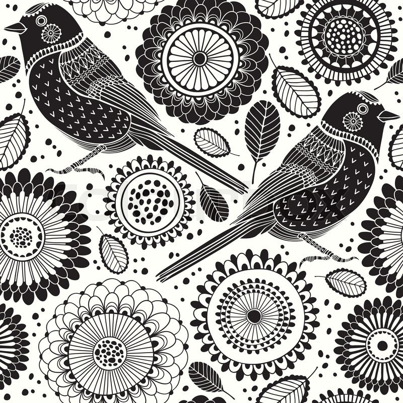 Floral Seamless Pattern With Birds Cartoon Vector Background 800x800 Floral Seamless Pattern With Birds Cartoon Vector Background