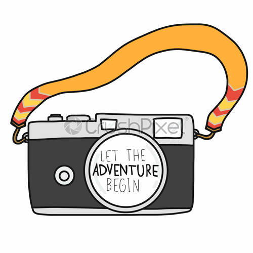 500x500 Let The Adventure Begin Word And Camera Vector Illustration Doodle