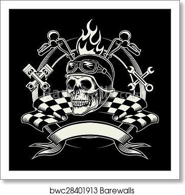 362x382 Vector Biker Emblem With Skull Or Dead Motorcycle Racer, Art Print