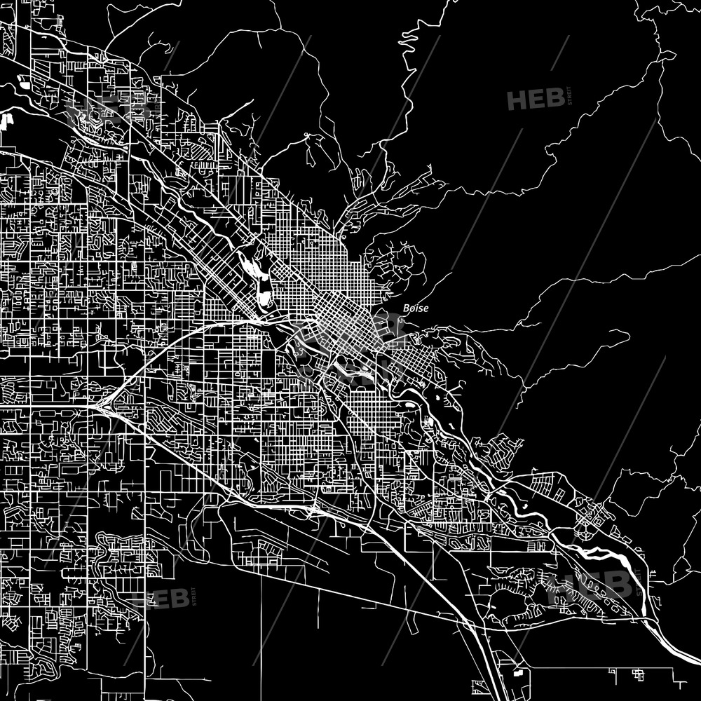 1000x1000 Boise, Idaho, Downtown Map, Dark Hebstreits Sketches