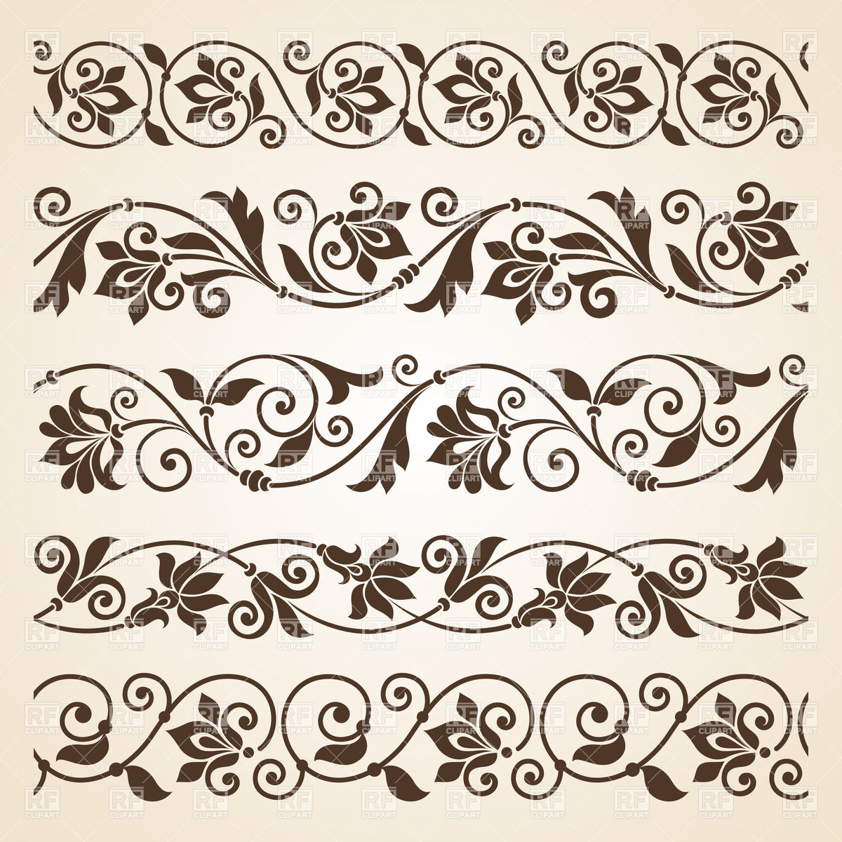 1200x1200 Set Of Five Curly Vintage Floral Borders Vector Image Of Borders