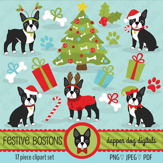 Christmas Boston Terrier Clipart Pack 570x570 Christmas Boston Terrier Clipart Pack