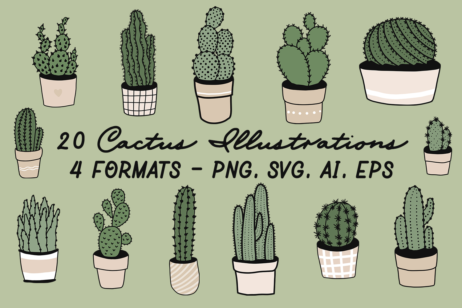 1500x1000 Handdrawn Vector Cactus Illustrations