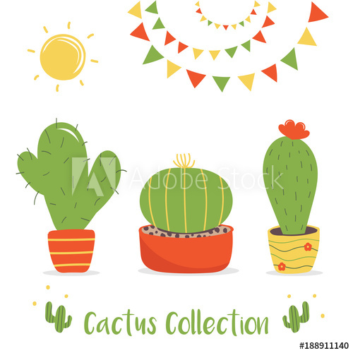 500x500 Set, Collection Of Cute Cartoon Vector Cactus In Pots