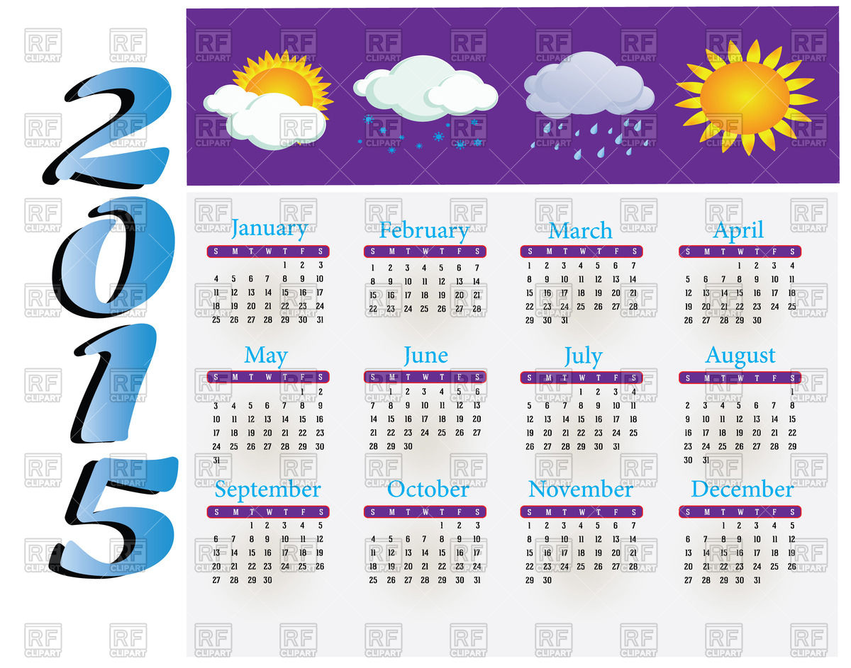 1200x943 Year Calendar Layout With Weather Icons Vector Image