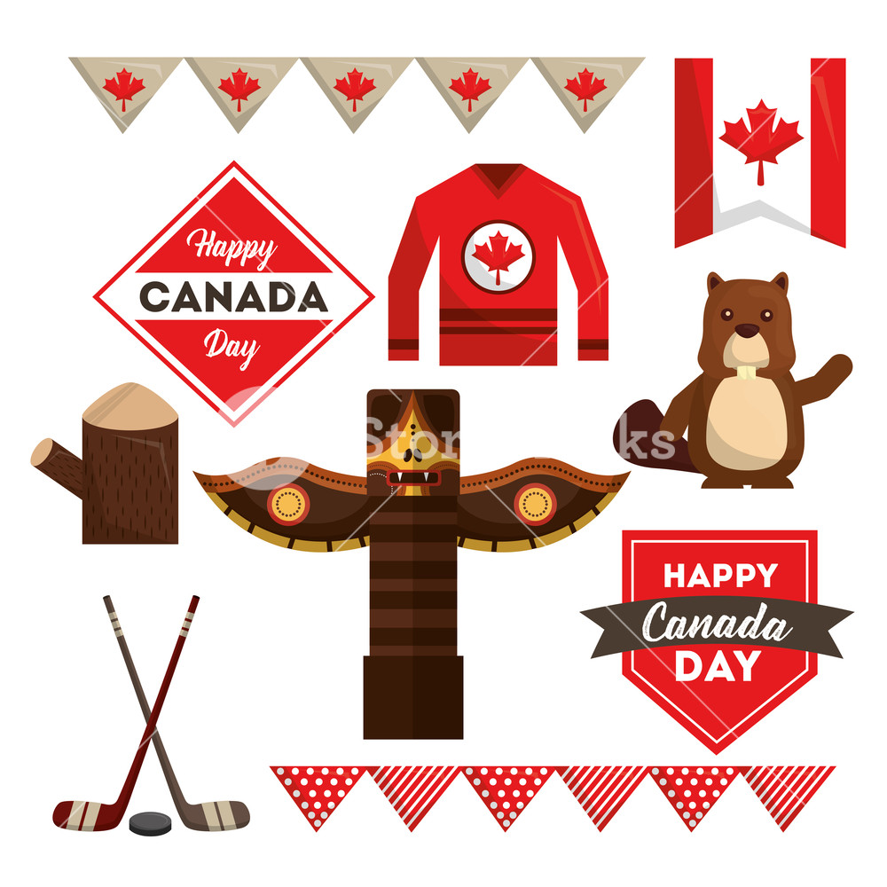1000x1000 Happy Canada Day Set National Symbols Vector Illustration Royalty