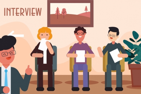 468x312 Job Interview Background Candidates Recruiter Icons Cartoon