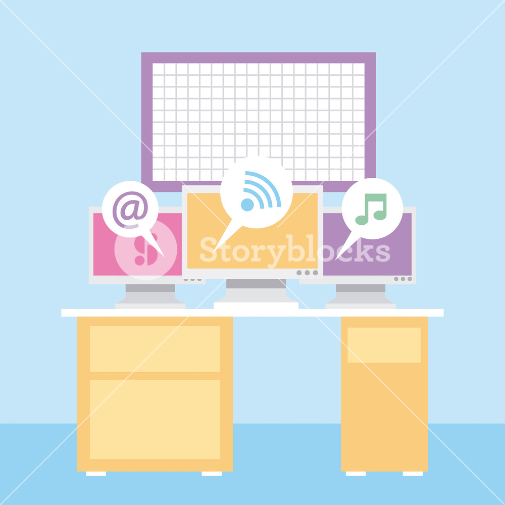 1000x1000 Business Office Computerswith Bubbles Char In Desk And Board