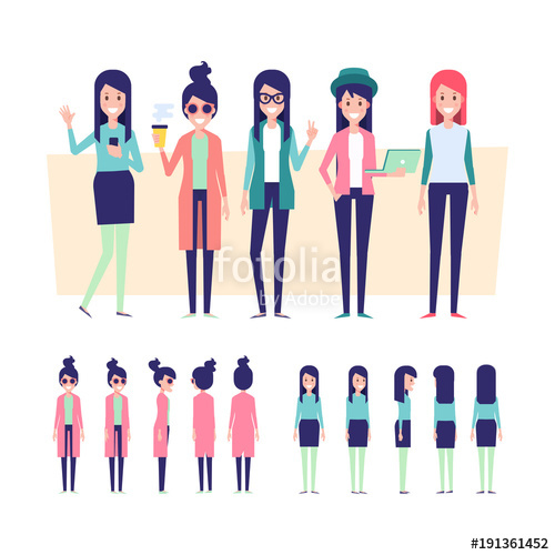 500x500 Young Girls Vector Set Front, Side, Back View Characters