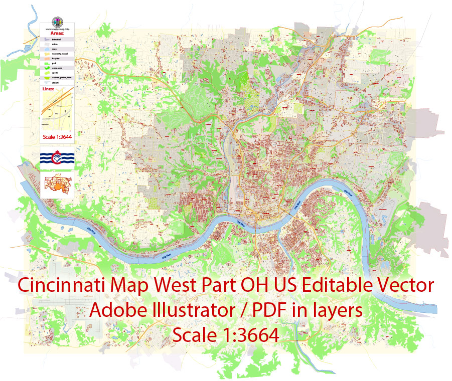 901x760 Cincinnati Map Vector Detailed City Plan Editable Adobe Illustrator
