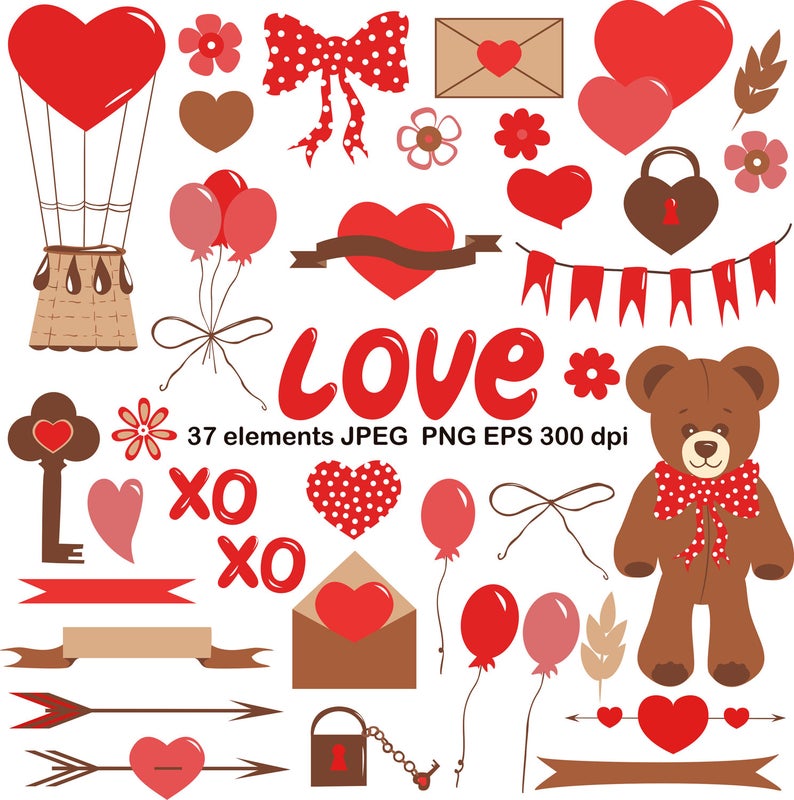 794x800 Cute Vector Clipart Set Love Elements Bear Hearts Etsy