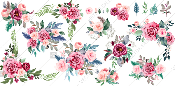600x297 Marsala Red Boho Pink Rose Floral Bouquet Vector Clipart Set