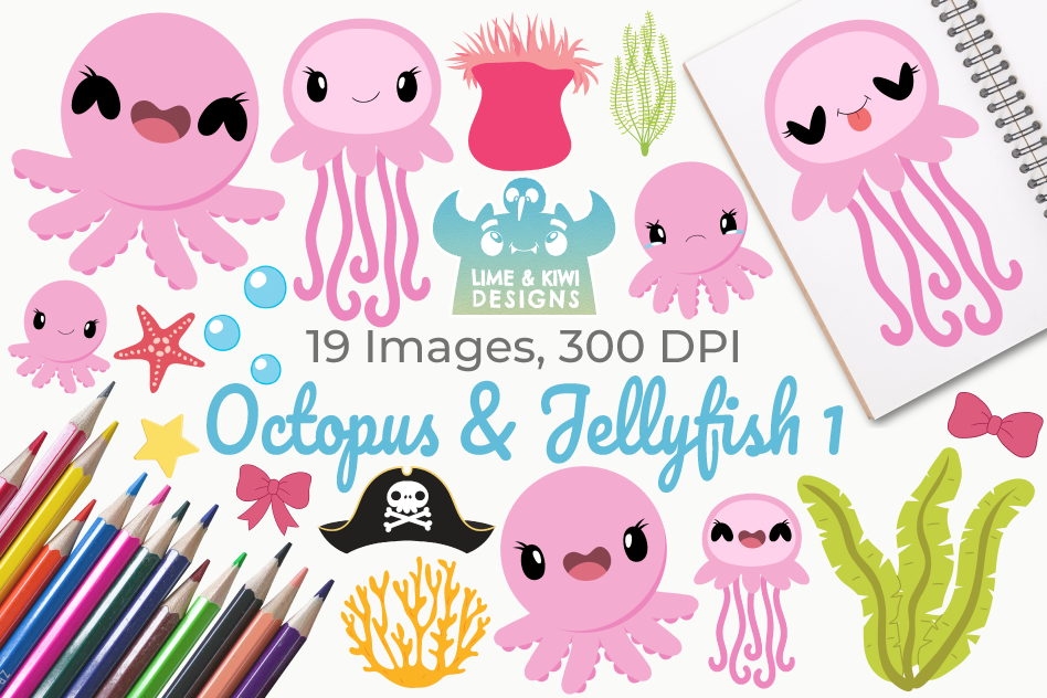 948x632 Octopus Jellyfish Clipart, Instant Download Vector Art
