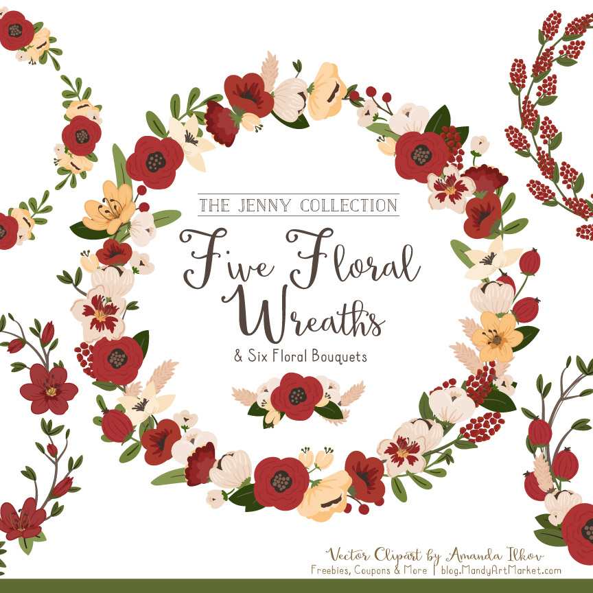864x864 Christmas Jenny Pretty Floral Wreath Clipart Vectors
