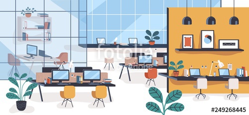 500x231 Modern Office Or Open Space With Desks, Computers, Chairs