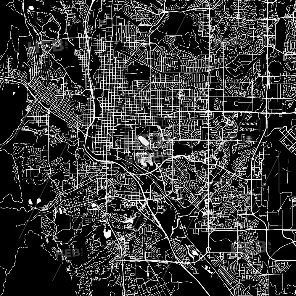 1000x1000 Colorado Springs, Colorado, Downtown Map, Dark Hebstreits Sketches