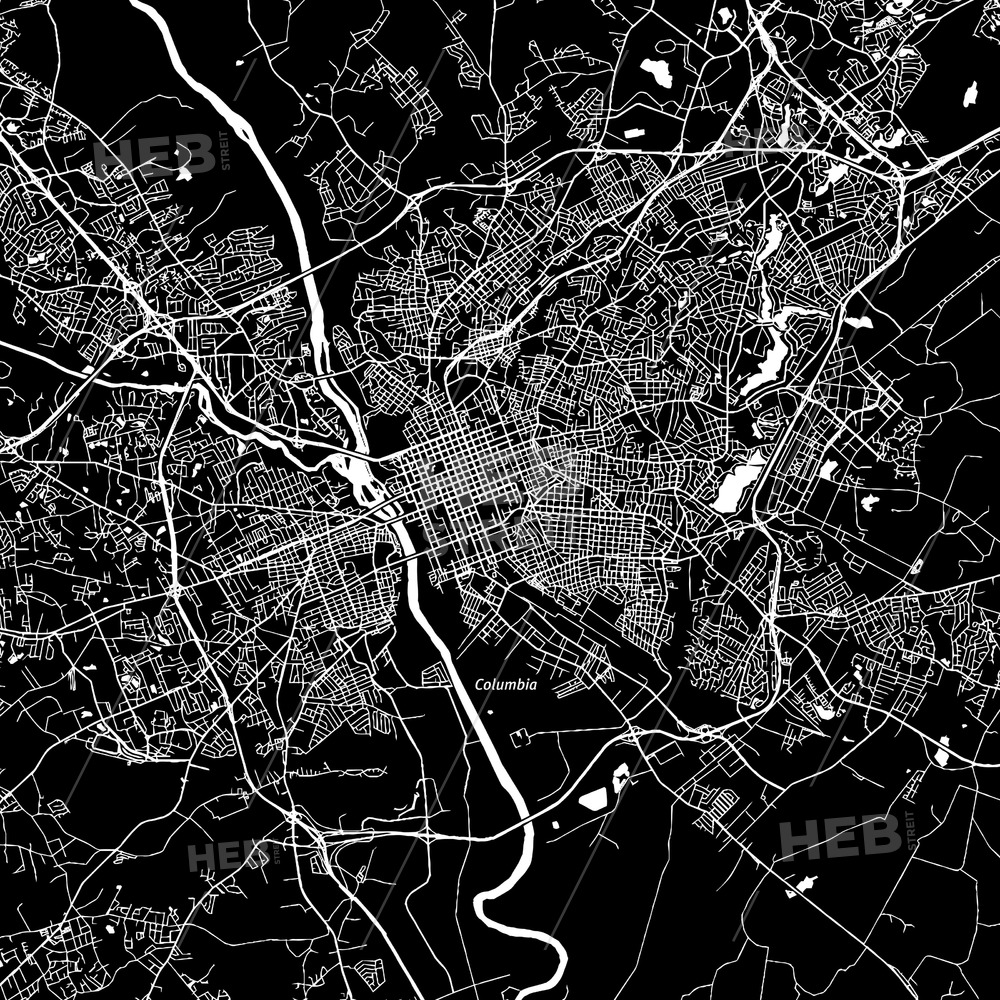 1000x1000 Columbia, South Carolina, Downtown Map, Dark Hebstreits Sketches