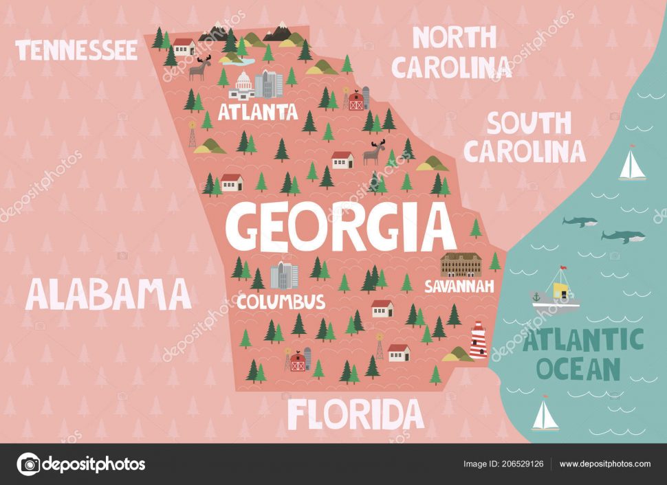 Us Map Illustrated Map State Georgia United States Cities 970x706 Us Map Illustrated Map State Georgia United States Cities
