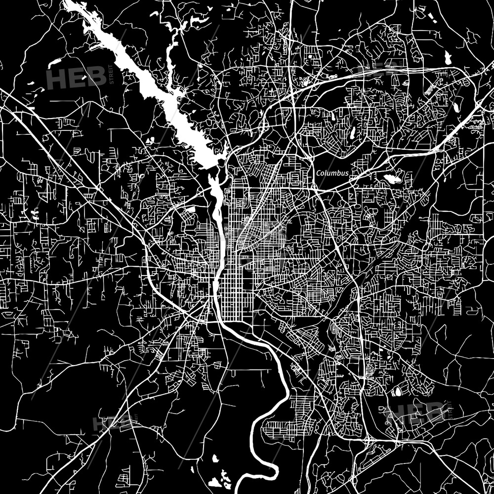 Columbus, Georgia, Downtown Map, Dark Hebstreits Sketches 1000x1000 Columbus, Georgia, Downtown Map, Dark Hebstreits Sketches