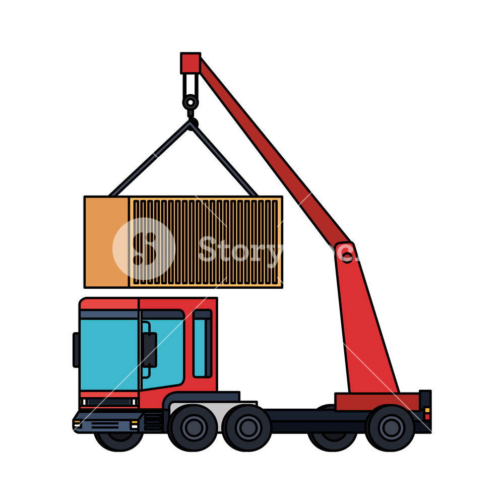 1000x1000 Truck Crane Lifting Container Logistic Service Vector Illustration