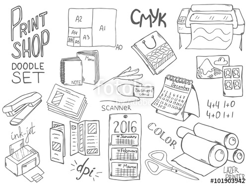 500x375 Print Shop Doodle Set With Different Elements For Copy Center