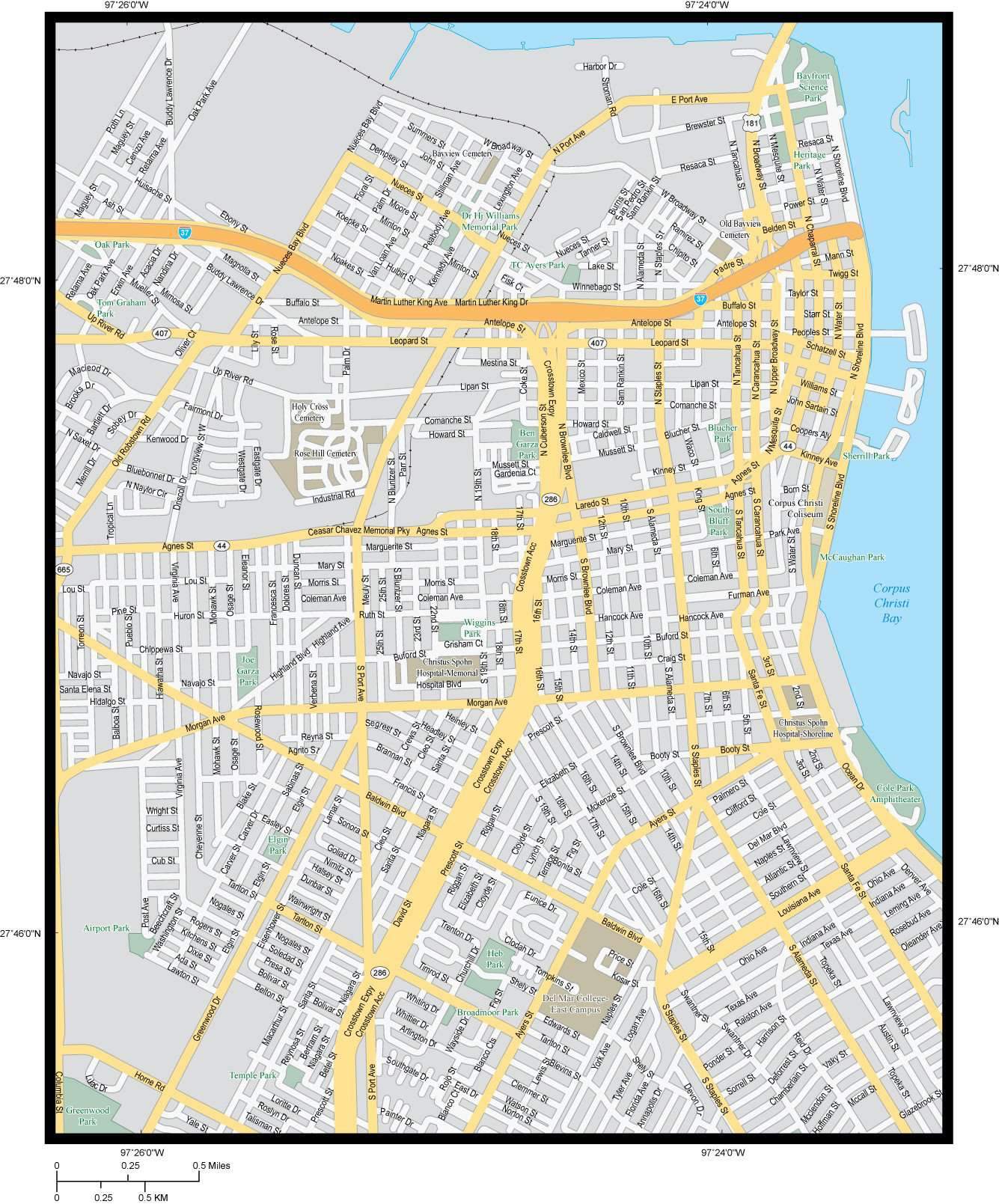 1335x1609 Corpus Christi Map With Local Streets In Adobe Illustrator Vector