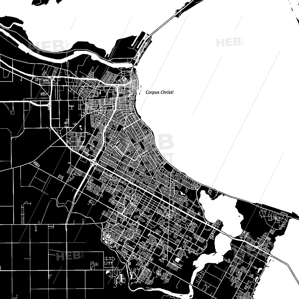 1000x1000 Corpus Christi, Texas, Downtown Map, Dark Hebstreits Sketches