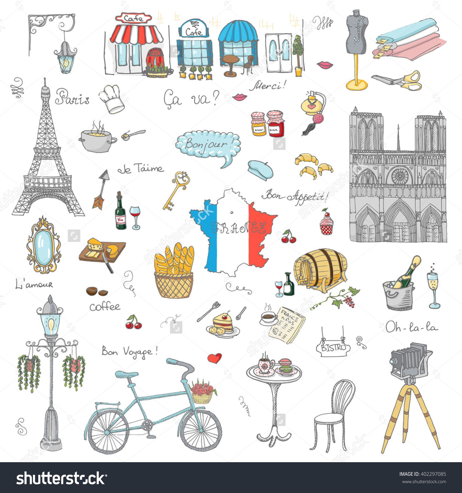 1500x1600 Set Of Hand Drawn French Icons, Paris Sketch Vector Illustration
