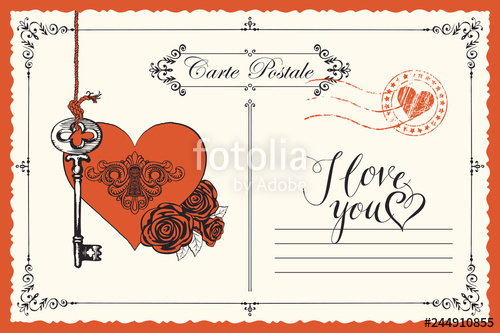 500x333 Vector Retro Postcard On The Theme Of Declaration Of Love With Key