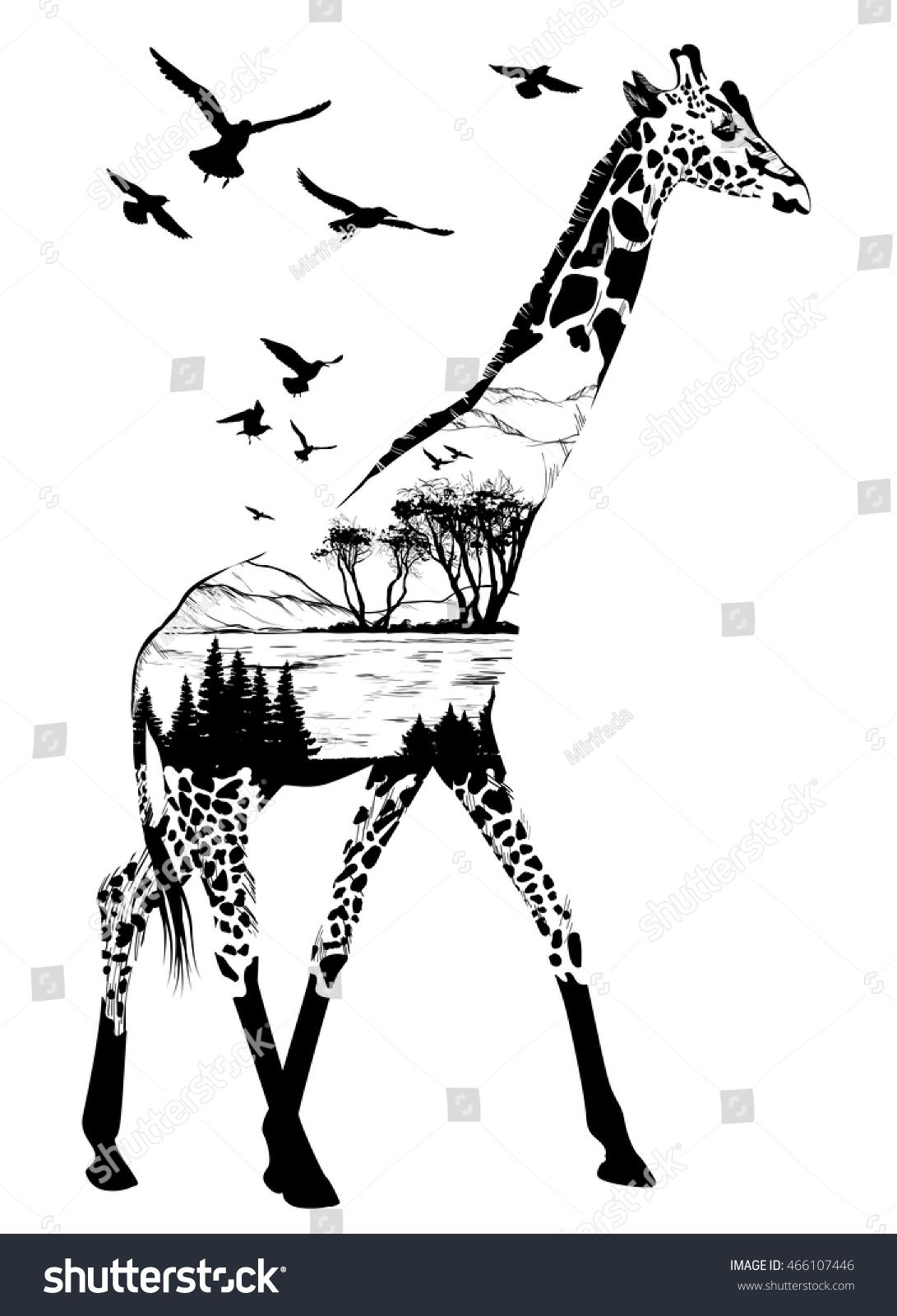 1091x1600 Vector Double Exposure, Giraffe For Your Design, Wildlife Concept