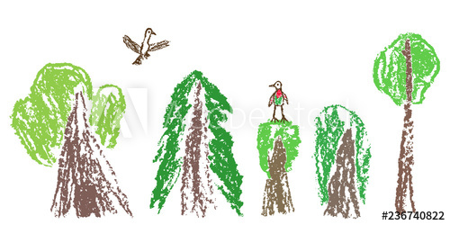 500x250 Wax Crayon Like Child`s Hand Drawn Forest Or Tree Set And Flaying